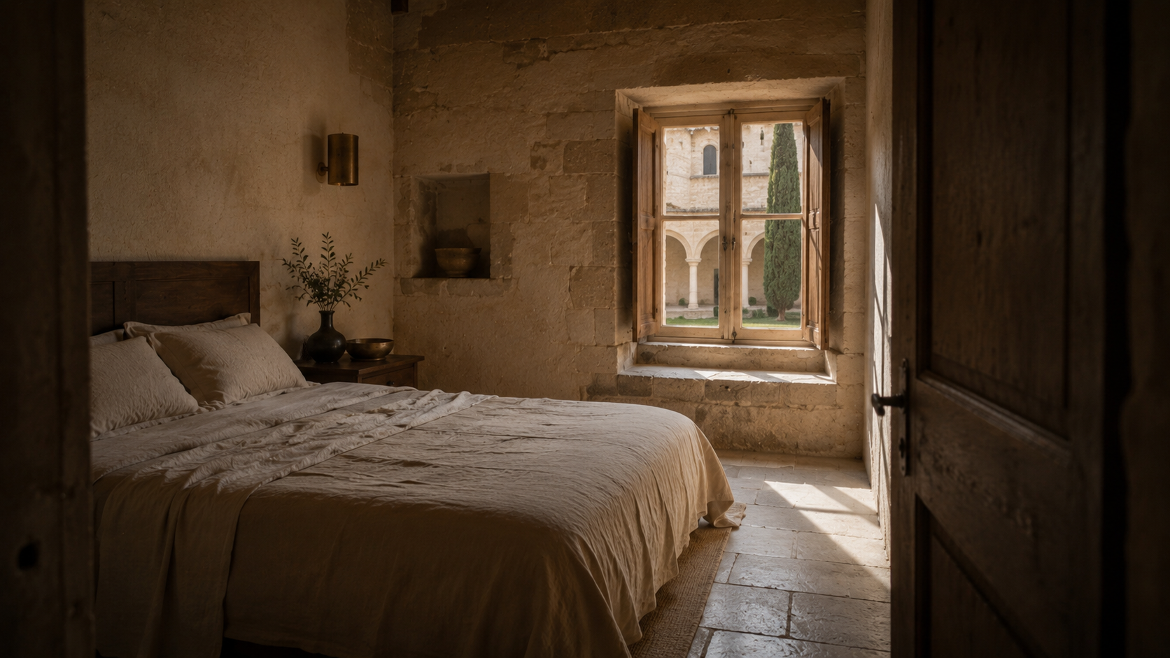 Chambre Prieuré — pierre et lin, vue cloître